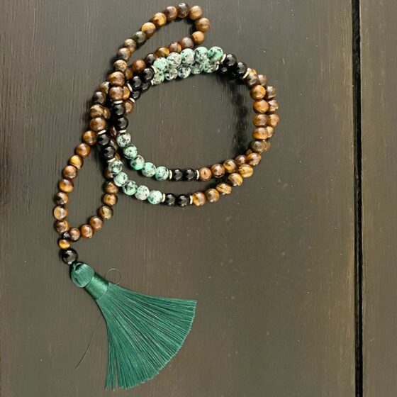 842 Mala ketting tijgeroog en obsidiaan